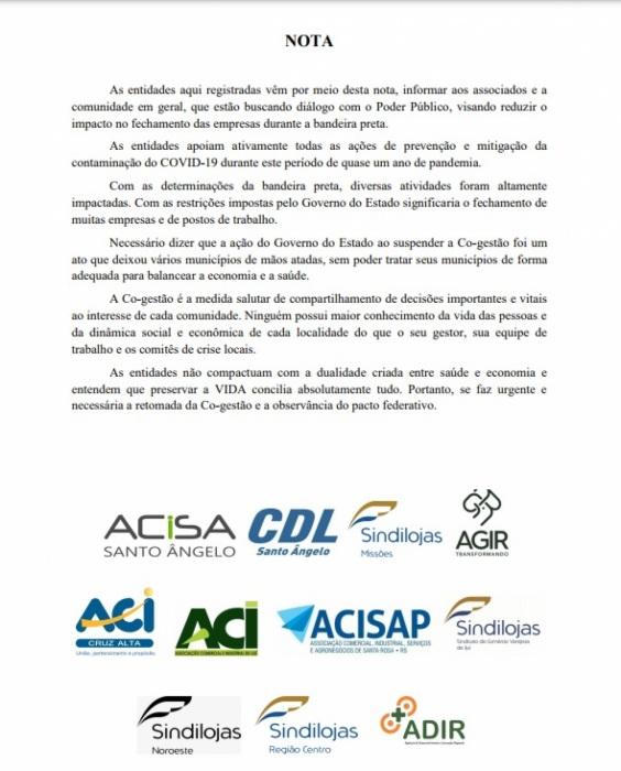 Entidades representativas divulgam nota aos associados e a comunidade